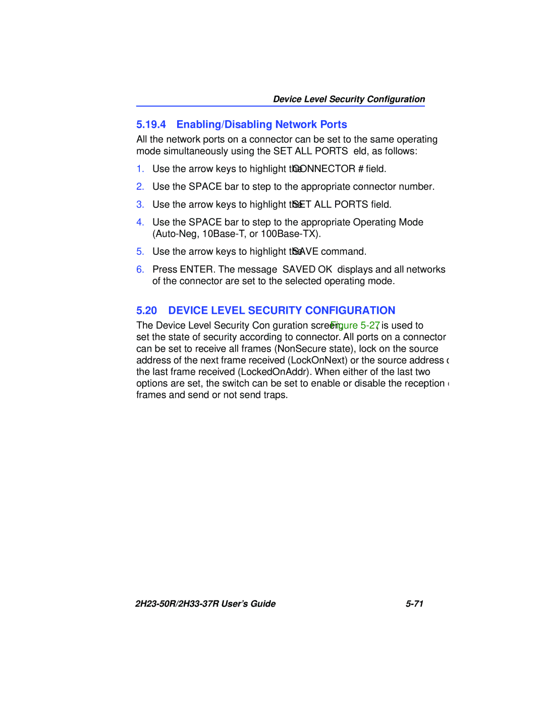 Cabletron Systems 2H23-50R, 2H33-37R manual Enabling/Disabling Network Ports, Device Level Security Configuration 