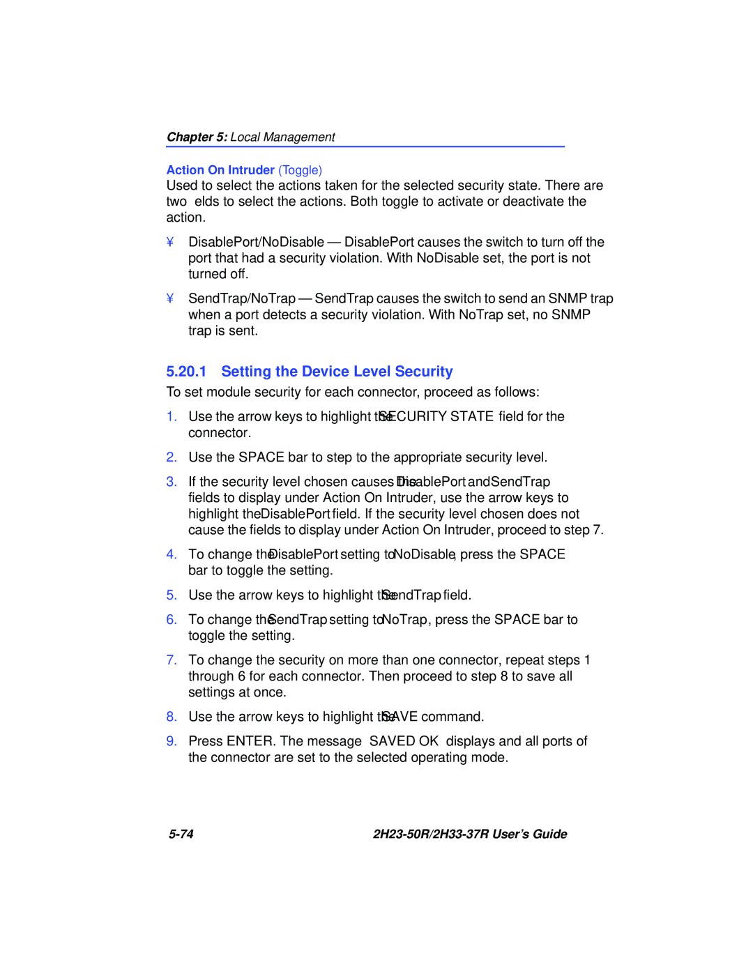 Cabletron Systems 2H33-37R, 2H23-50R manual Setting the Device Level Security 