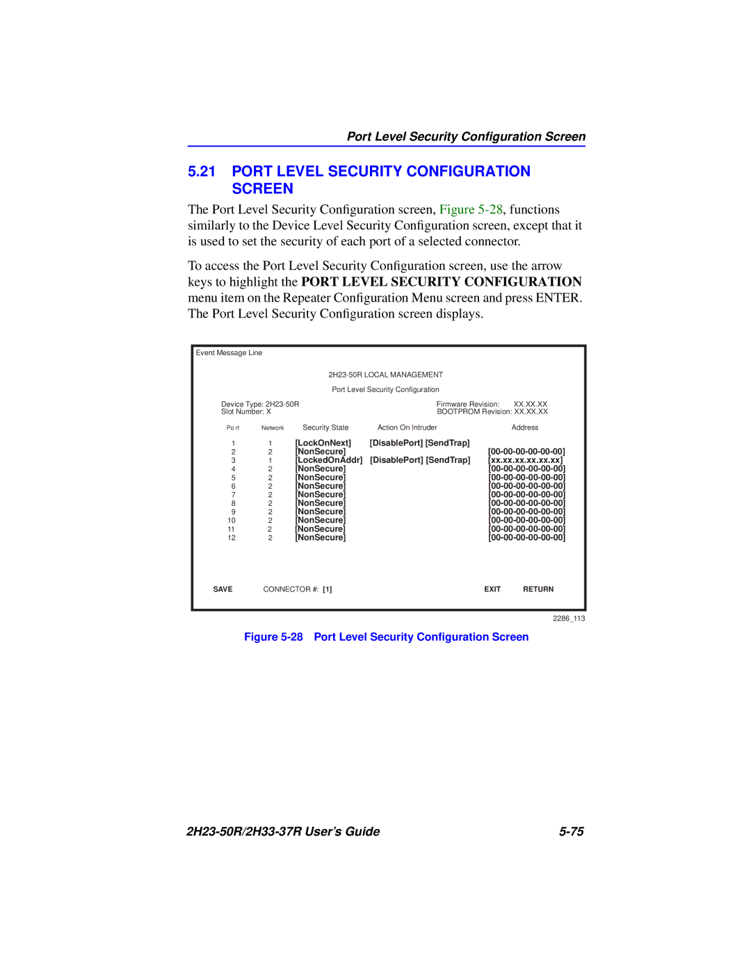 Cabletron Systems 2H23-50R, 2H33-37R Port Level Security Configuration Screen, Port Level Security Conﬁguration Screen 