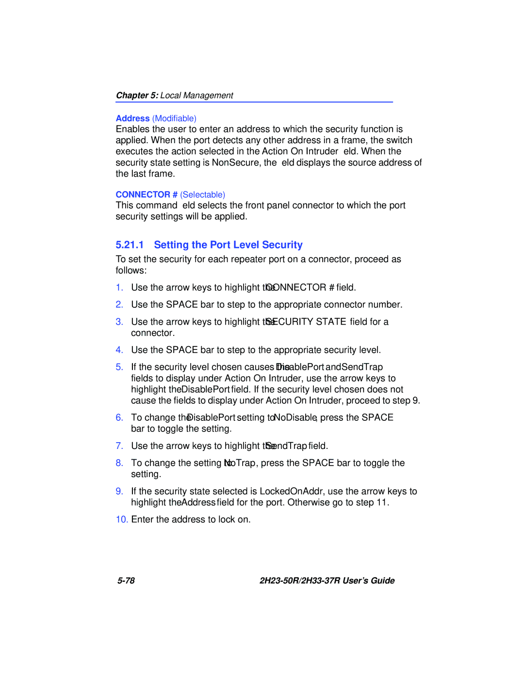 Cabletron Systems 2H33-37R, 2H23-50R manual Setting the Port Level Security 