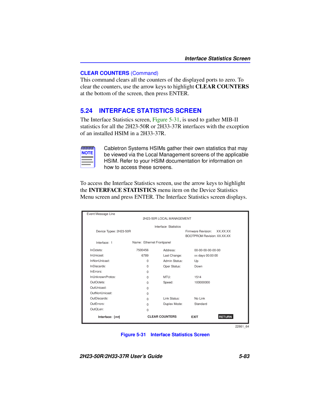 Cabletron Systems 2H23-50R, 2H33-37R manual Interface Statistics Screen 