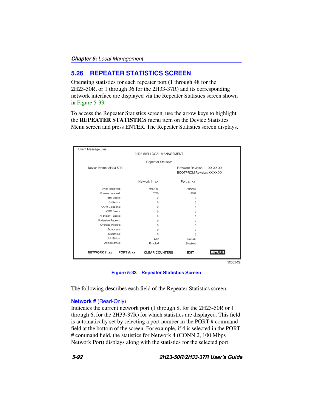 Cabletron Systems 2H33-37R, 2H23-50R manual Repeater Statistics Screen 