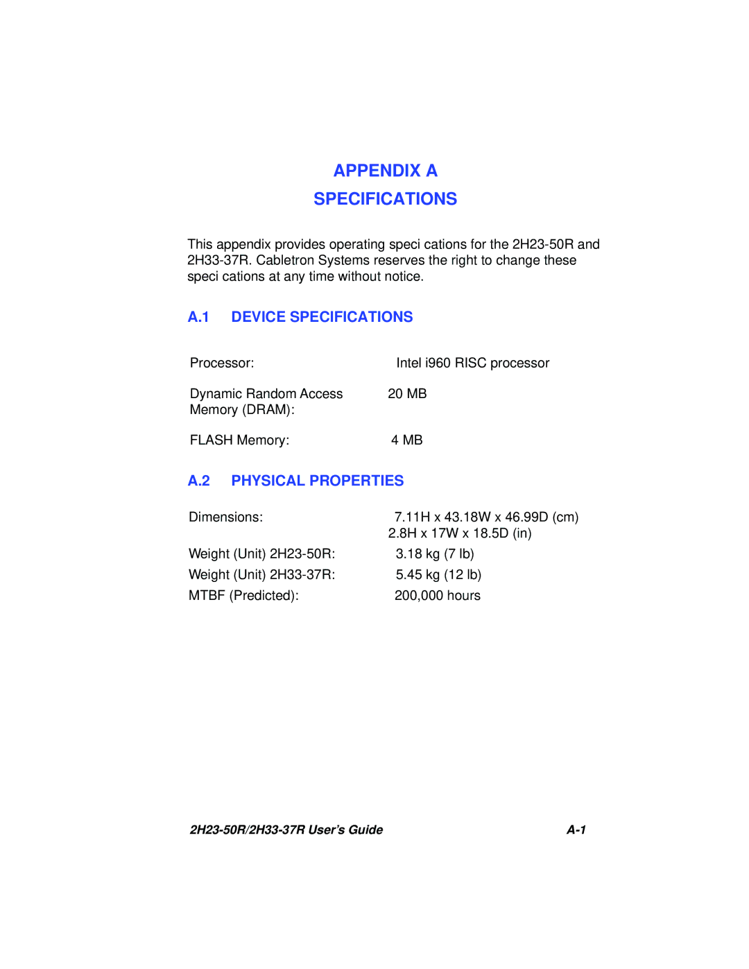 Cabletron Systems 2H23-50R, 2H33-37R manual Device Specifications, Physical Properties 