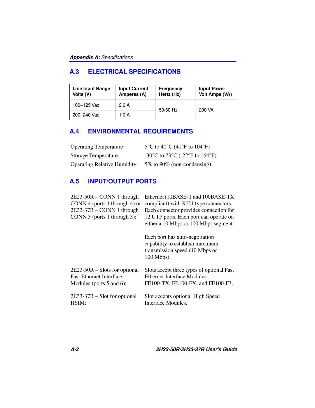 Cabletron Systems 2H33-37R, 2H23-50R manual Electrical Specifications, Environmental Requirements, INPUT/OUTPUT Ports 