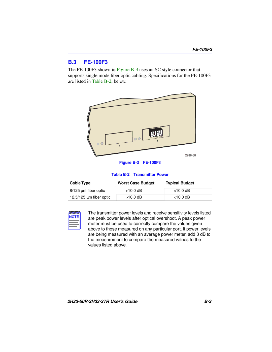 Cabletron Systems 2H23-50R, 2H33-37R manual FE-100F3, 10.0 dB, 12.5/125 µm ﬁber optic 