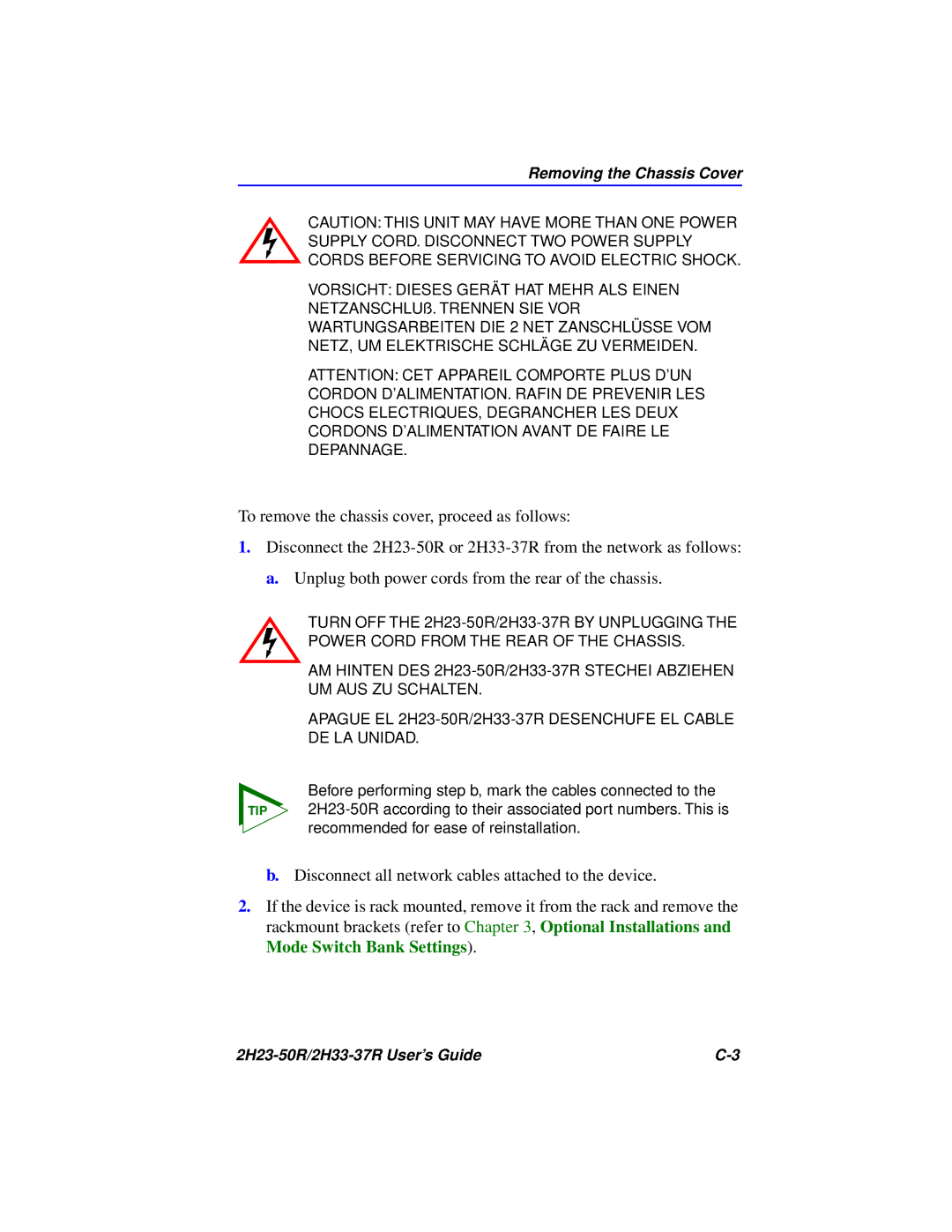 Cabletron Systems 2H23-50R, 2H33-37R manual Removing the Chassis Cover 