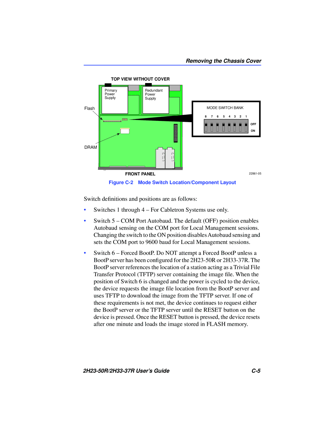 Cabletron Systems 2H23-50R, 2H33-37R manual Figure C-2 Mode Switch Location/Component Layout 