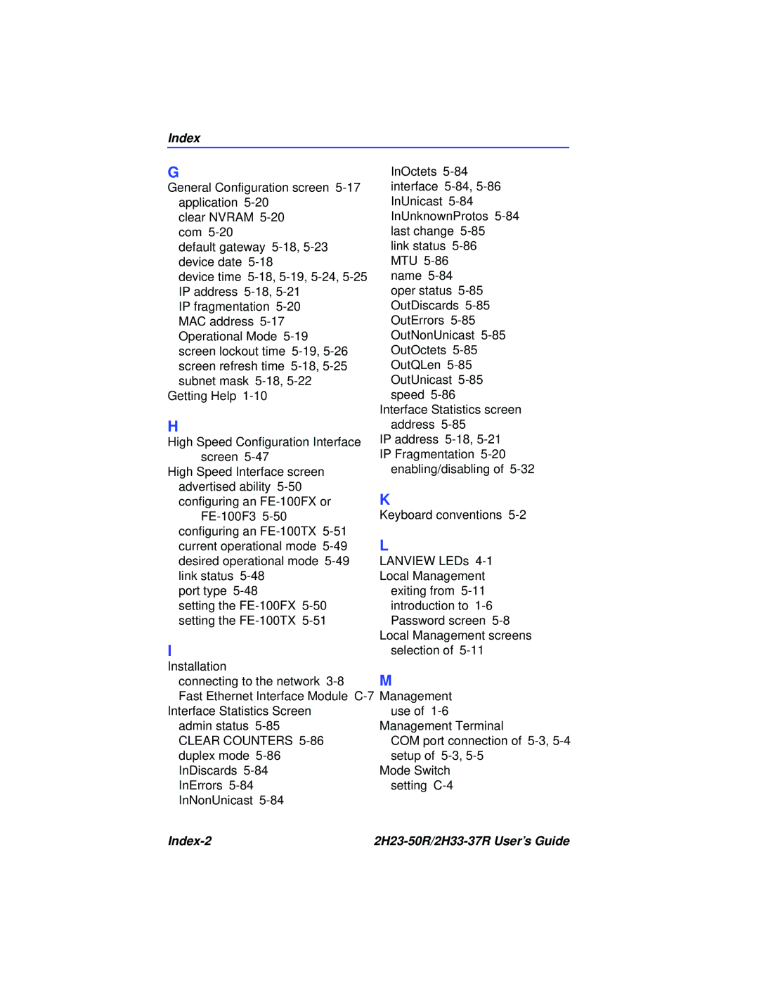 Cabletron Systems manual Index-2 2H23-50R/2H33-37R User’s Guide 