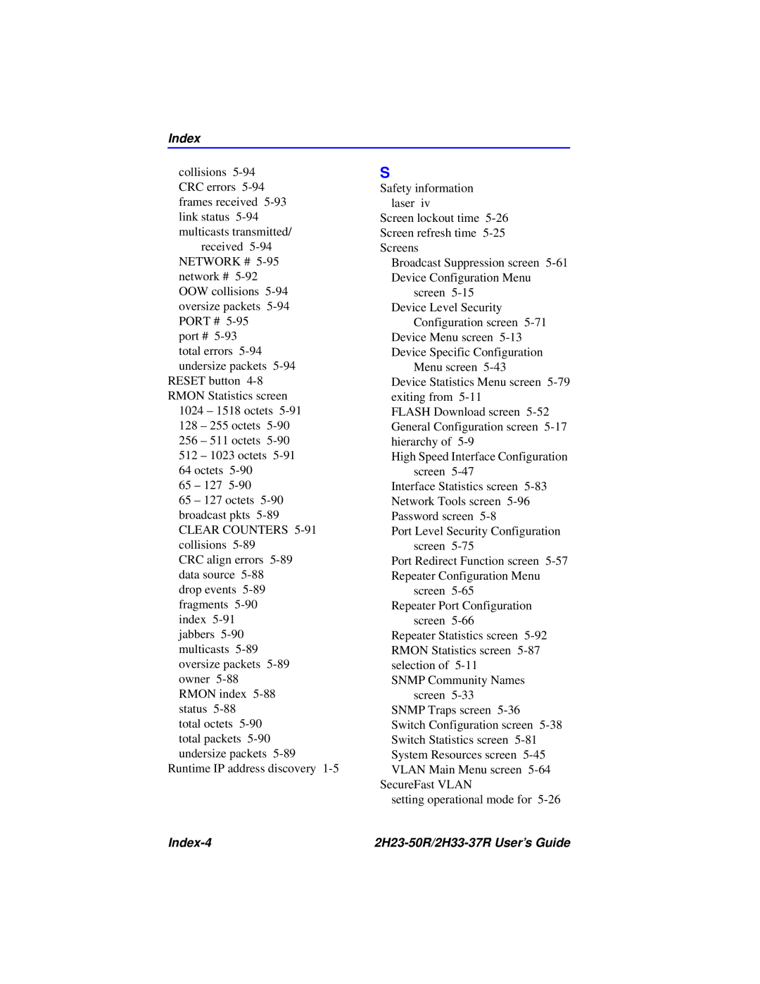 Cabletron Systems manual Index-4 2H23-50R/2H33-37R User’s Guide 