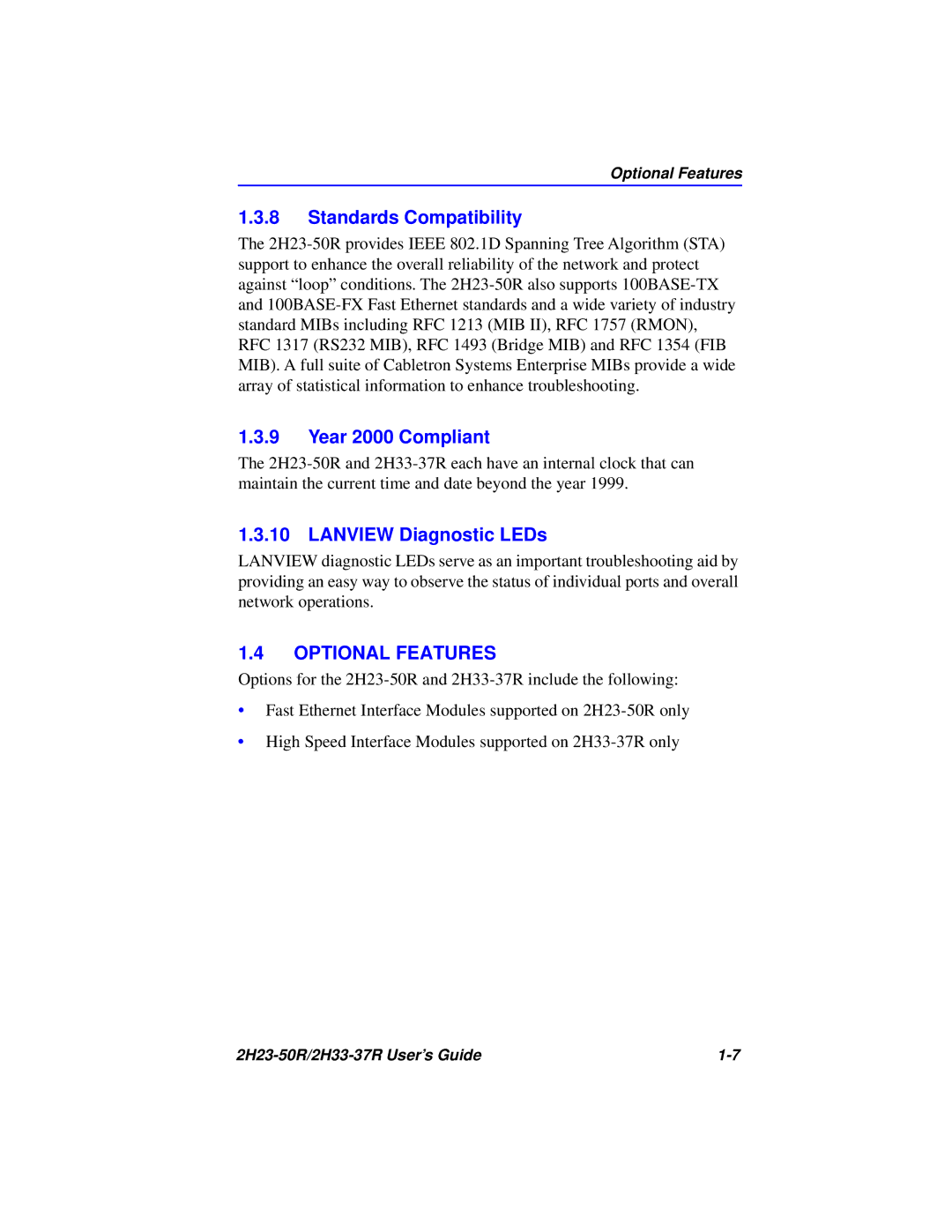 Cabletron Systems 2H23-50R manual Standards Compatibility, Year 2000 Compliant, Lanview Diagnostic LEDs, Optional Features 