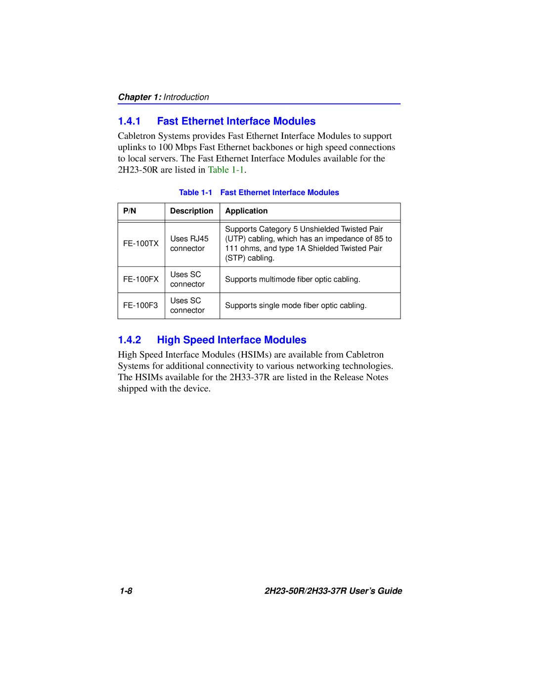 Cabletron Systems 2H33-37R, 2H23-50R manual Fast Ethernet Interface Modules, High Speed Interface Modules 