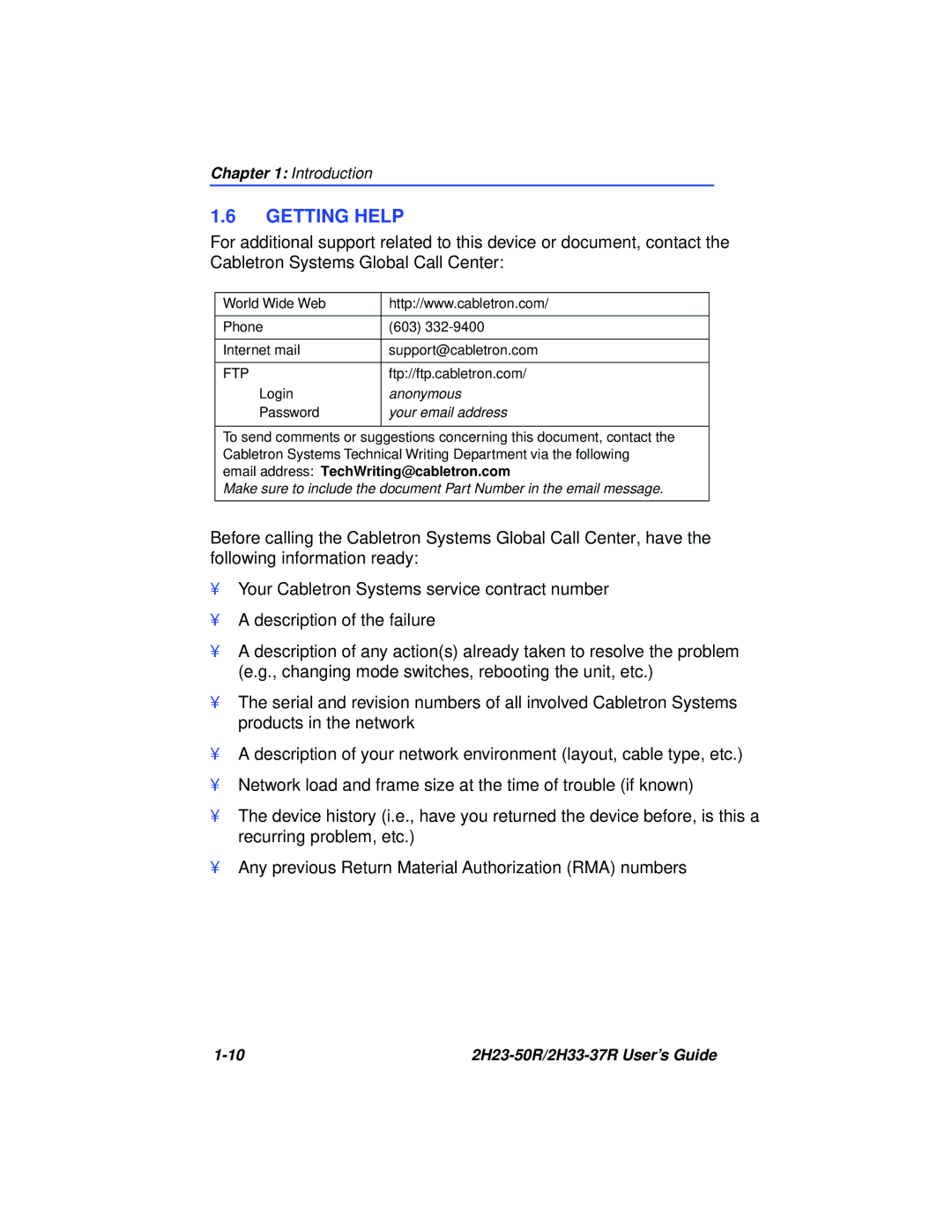 Cabletron Systems 2H33-37R, 2H23-50R manual Getting Help, Your email address 