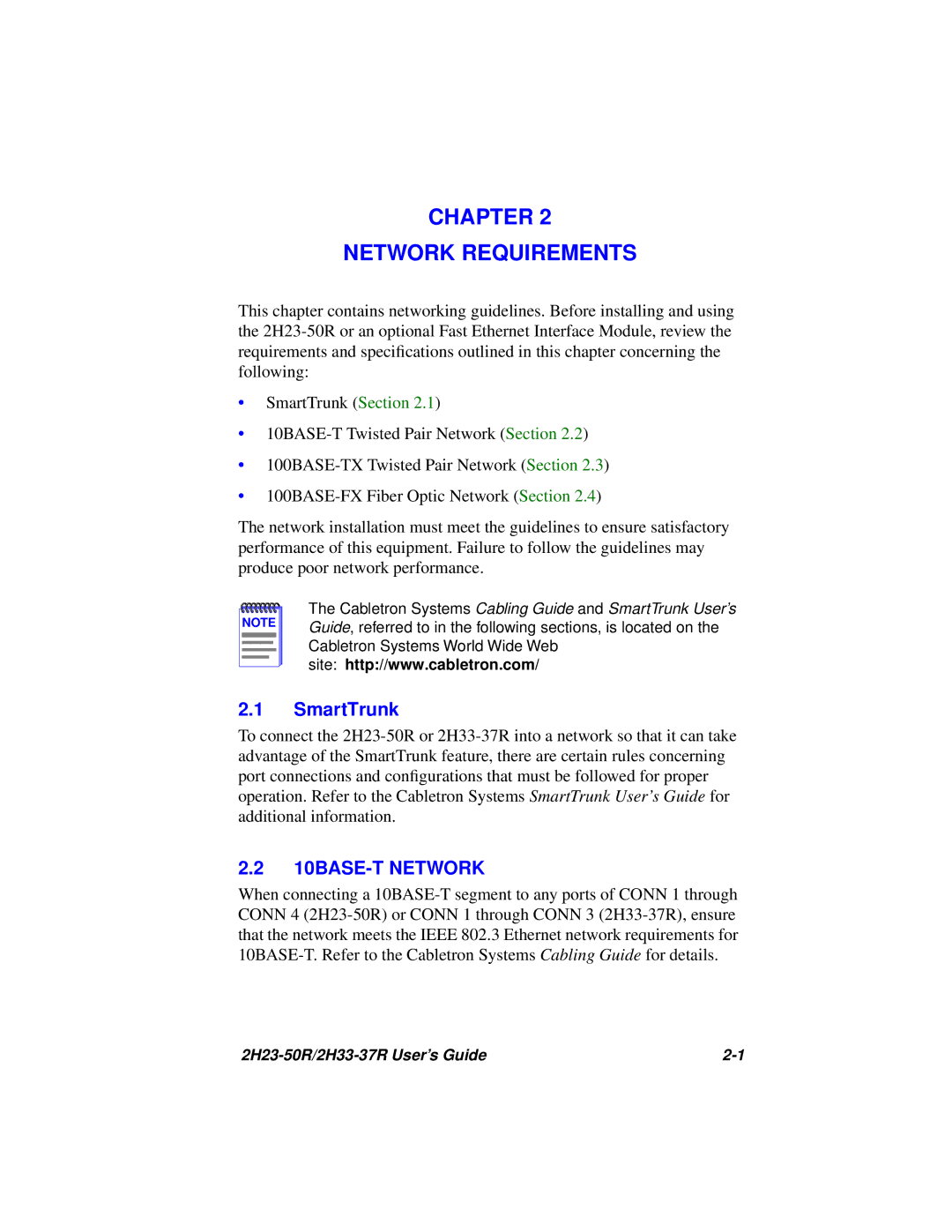 Cabletron Systems 2H23-50R, 2H33-37R manual SmartTrunk, 10BASE-T Network 