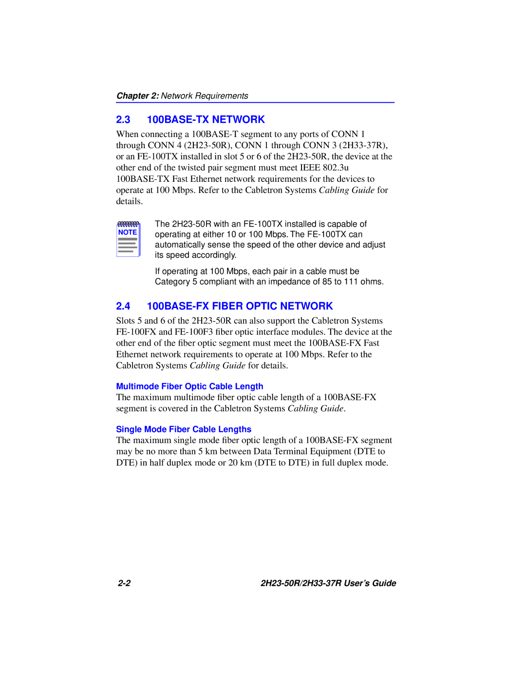 Cabletron Systems 2H33-37R, 2H23-50R manual 100BASE-TX Network, 100BASE-FX Fiber Optic Network 