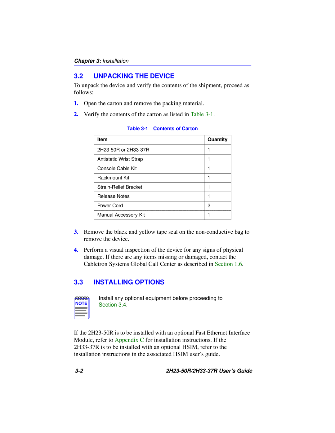 Cabletron Systems 2H33-37R, 2H23-50R manual Unpacking the Device, Installing Options, Contents of Carton 