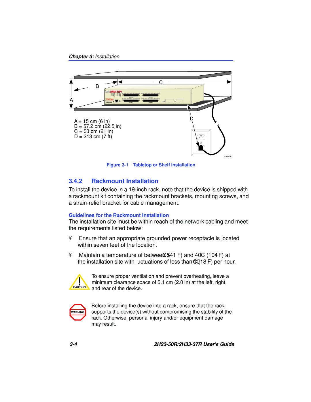 Cabletron Systems 2H33-37R, 2H23-50R manual Rackmount Installation, Tabletop or Shelf Installation 