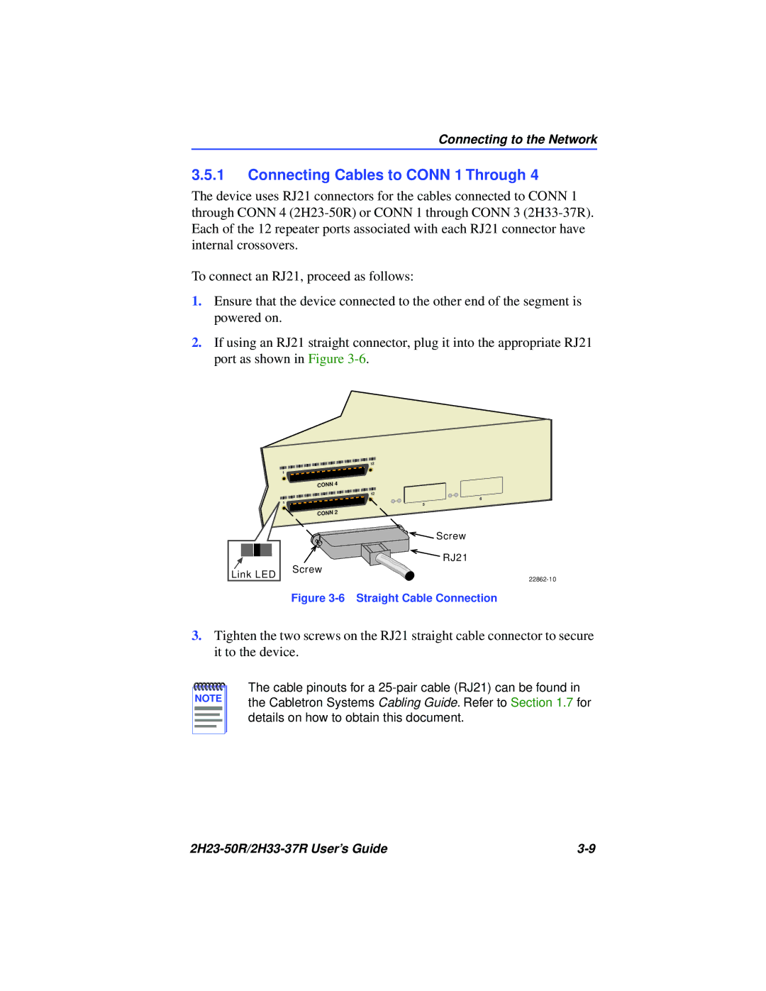 Cabletron Systems 2H23-50R, 2H33-37R manual Connecting Cables to Conn 1 Through, Straight Cable Connection 