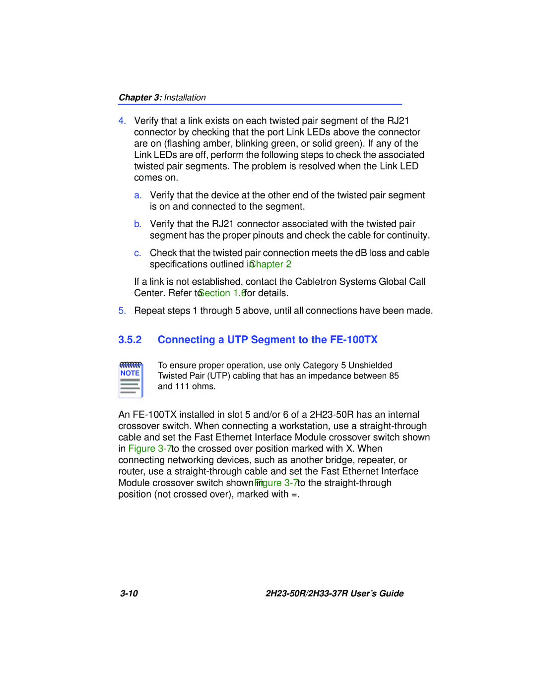 Cabletron Systems 2H33-37R, 2H23-50R manual Connecting a UTP Segment to the FE-100TX 