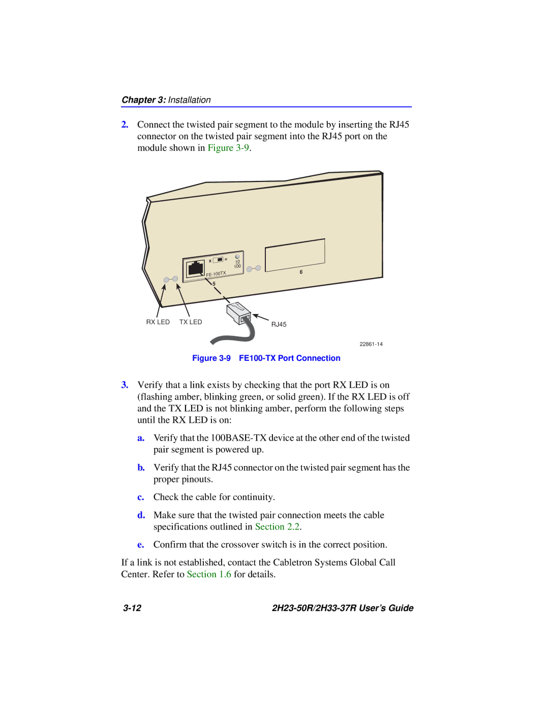 Cabletron Systems 2H33-37R, 2H23-50R manual FE100-TX Port Connection 