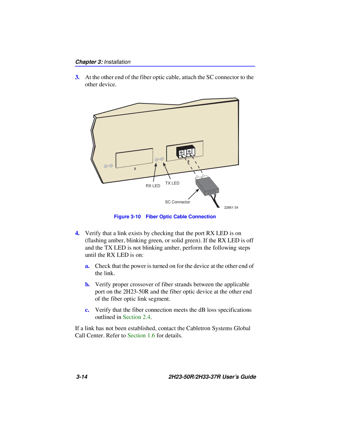 Cabletron Systems 2H33-37R, 2H23-50R manual Fiber Optic Cable Connection 