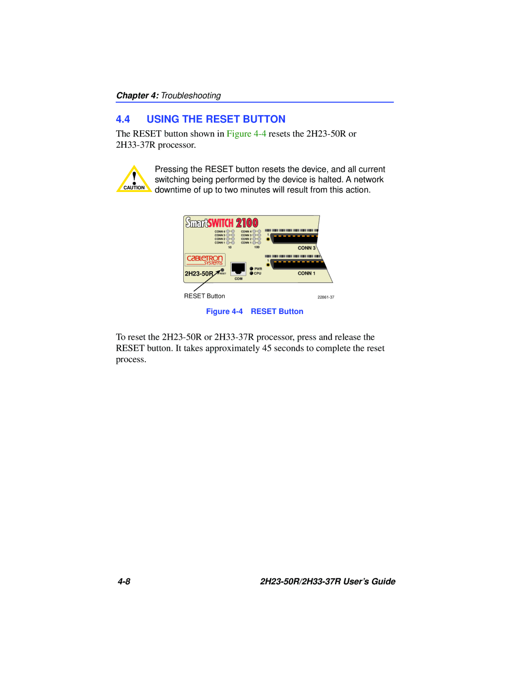 Cabletron Systems 2H33-37R, 2H23-50R manual Using the Reset Button 