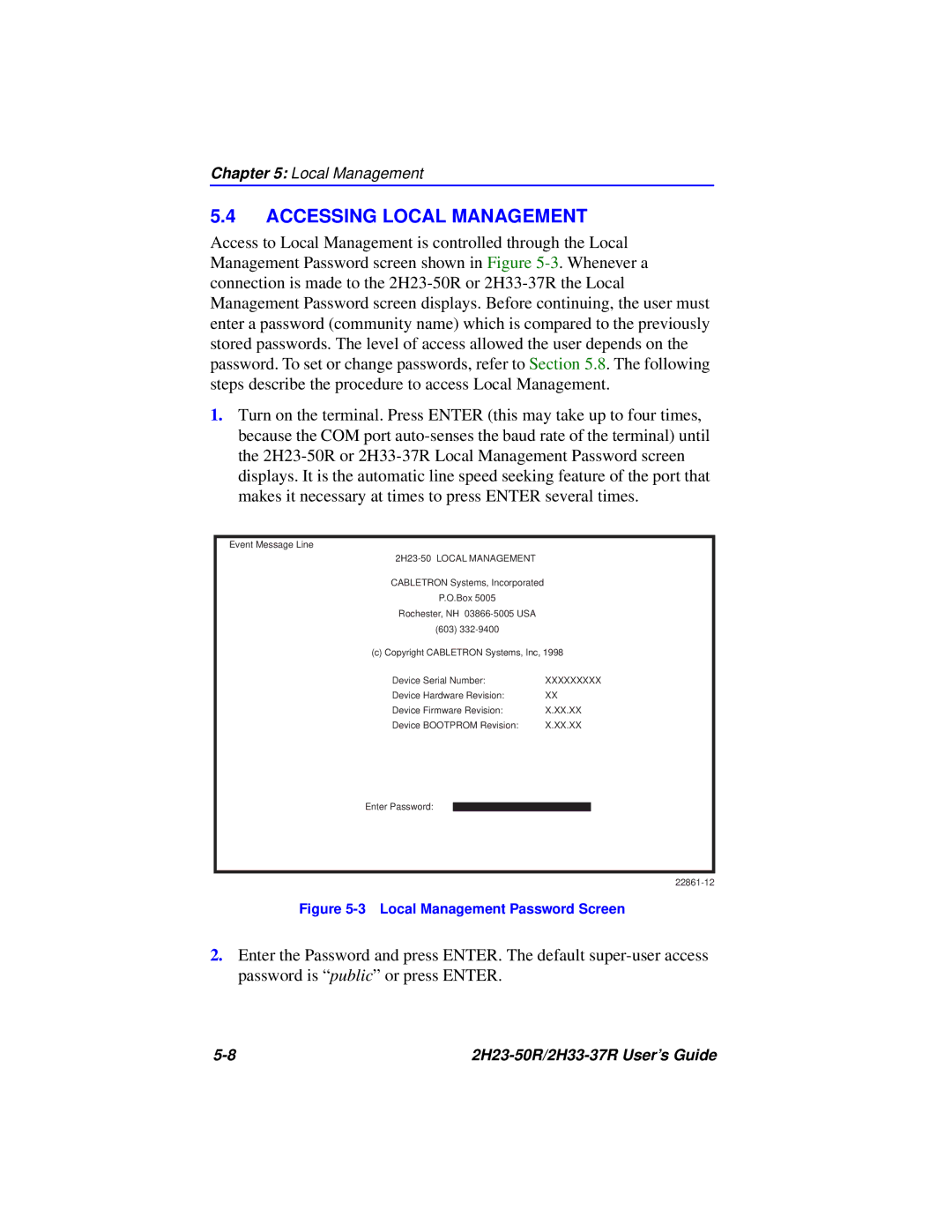 Cabletron Systems 2H33-37R, 2H23-50R manual Accessing Local Management, Local Management Password Screen 