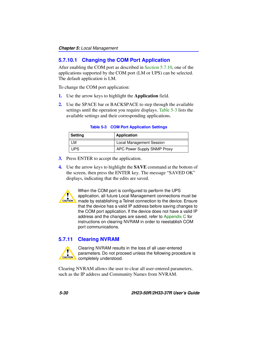 Cabletron Systems 2H33-37R, 2H23-50R manual Changing the COM Port Application, Clearing Nvram, COM Port Application Settings 