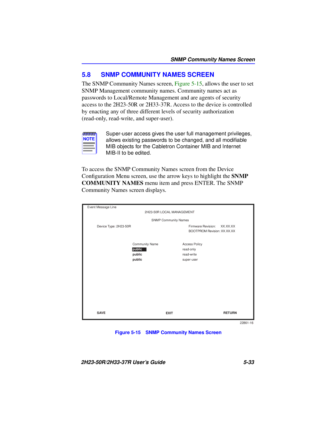 Cabletron Systems 2H23-50R, 2H33-37R manual Snmp Community Names Screen 