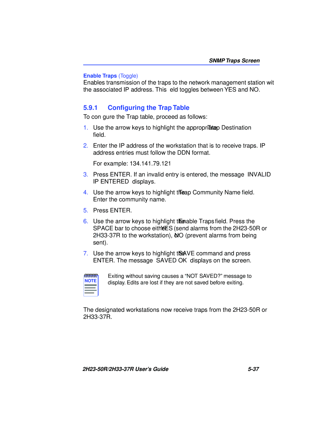 Cabletron Systems 2H23-50R, 2H33-37R manual 1 Conﬁguring the Trap Table 