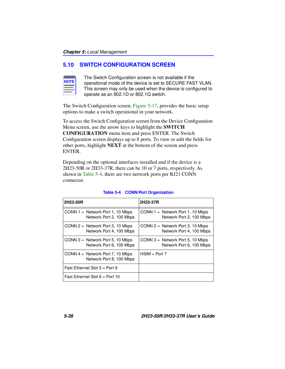 Cabletron Systems 2H33-37R, 2H23-50R manual Switch Configuration Screen, CONN/Port Organization 