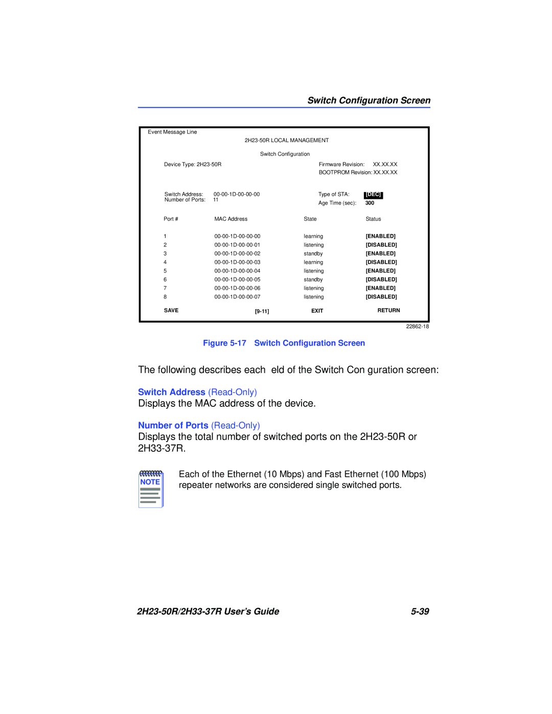 Cabletron Systems 2H23-50R, 2H33-37R manual Displays the MAC address of the device 