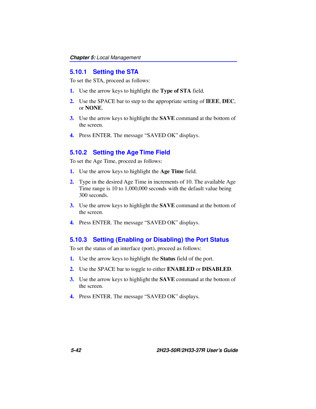 Cabletron Systems 2H33-37R Setting the STA, Setting the Age Time Field, Setting Enabling or Disabling the Port Status 