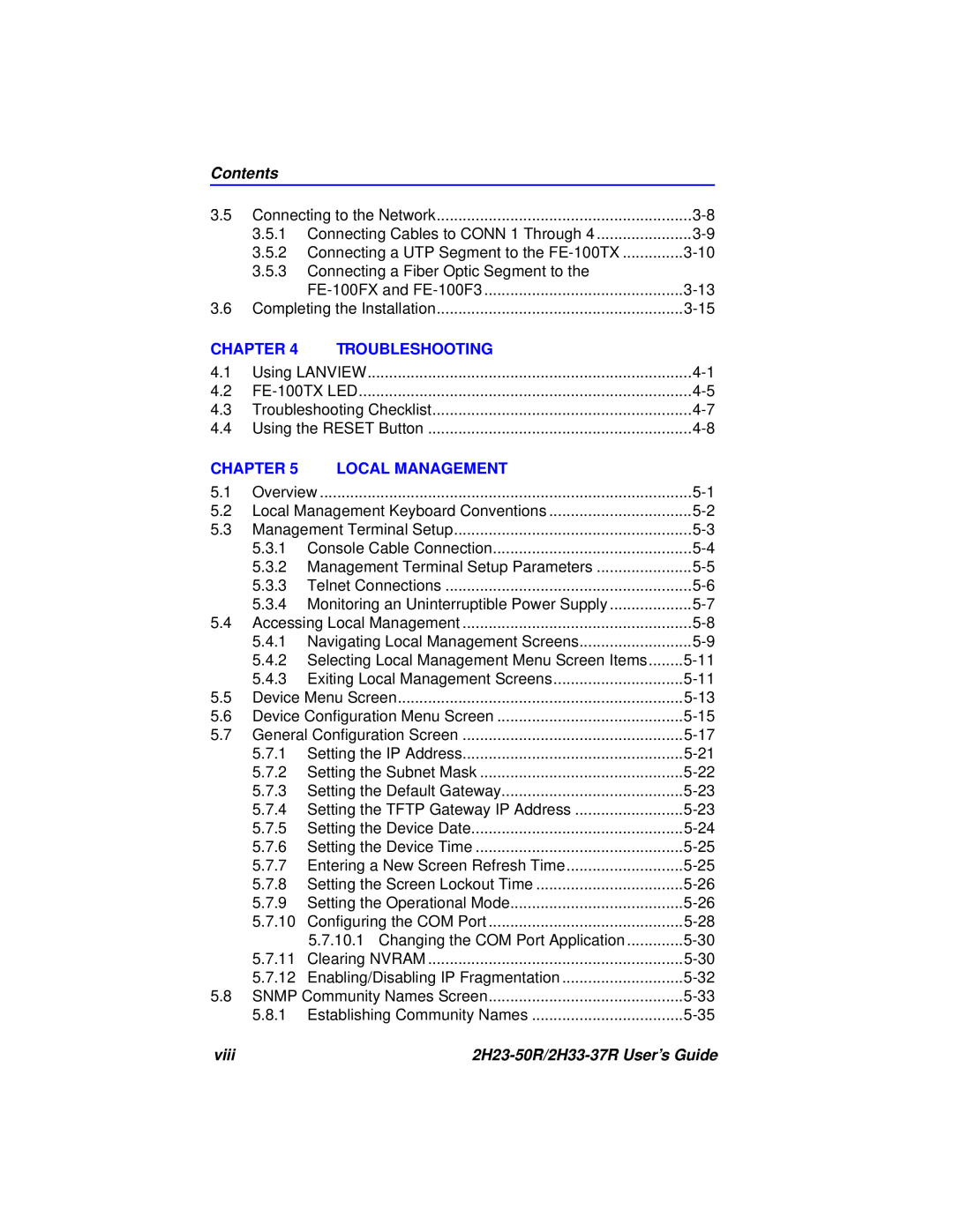 Cabletron Systems manual Contents, Chapter, Troubleshooting, Local Management, viii, 2H23-50R/2H33-37R User’s Guide 