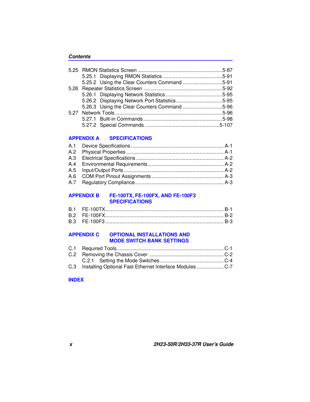 Cabletron Systems 2H33-37R Contents, Appendix A, Specifications, Appendix B, FE-100TX, FE-100FX, AND FE-100F3, Appendix C 