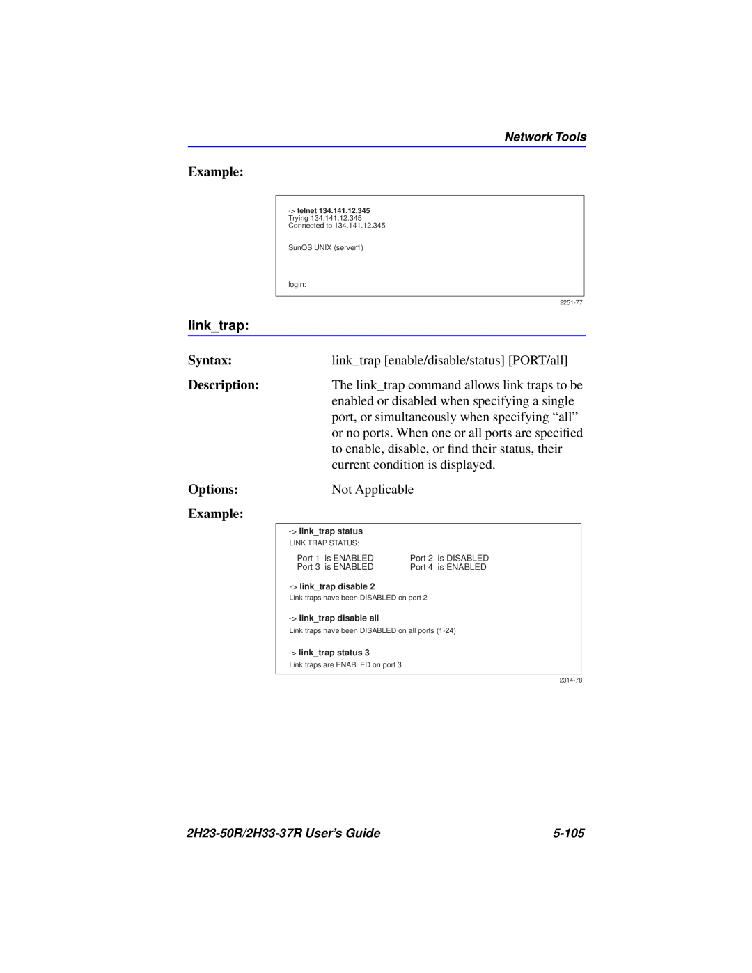 Cabletron Systems 2H23-50R, 2H33-37R manual Example, linktrap, Syntax, Description, Options 