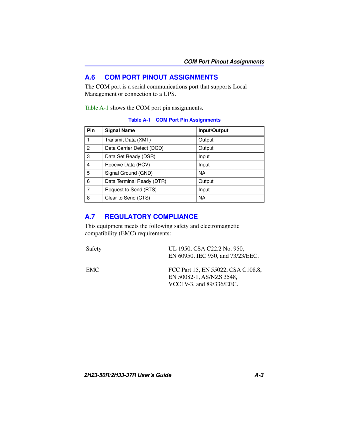 Cabletron Systems 2H23-50R, 2H33-37R manual A.6 COM PORT PINOUT ASSIGNMENTS, A.7 REGULATORY COMPLIANCE 