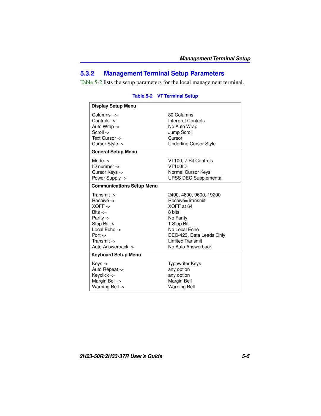 Cabletron Systems manual Management Terminal Setup Parameters, 2H23-50R/2H33-37R User’s Guide, 2 VT Terminal Setup 