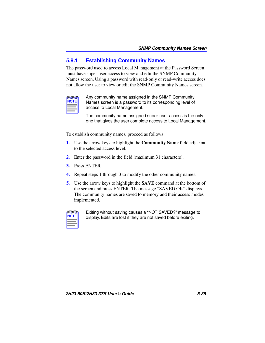 Cabletron Systems 2H23-50R, 2H33-37R manual Establishing Community Names 
