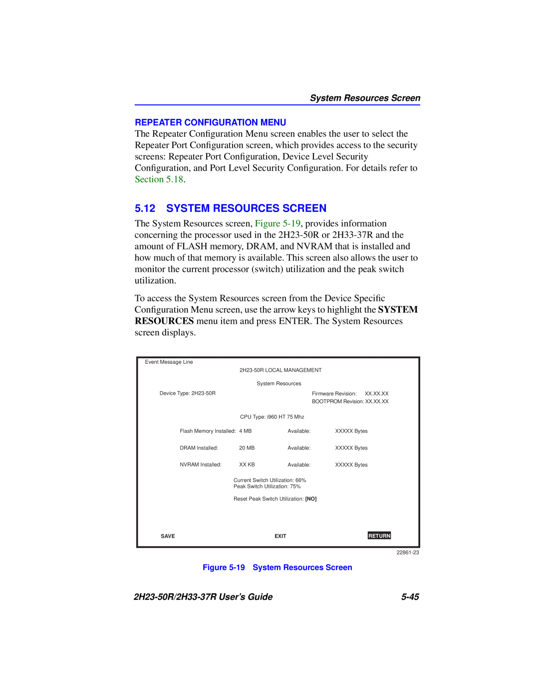 Cabletron Systems 2H23-50R, 2H33-37R manual System Resources Screen, Repeater Configuration Menu 