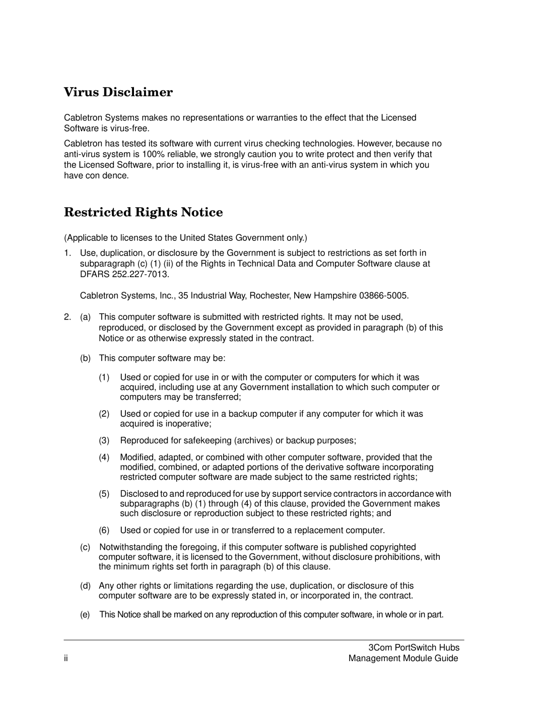 Cabletron Systems 3Com PortSwitch Hub manual Virus Disclaimer, Restricted Rights Notice 