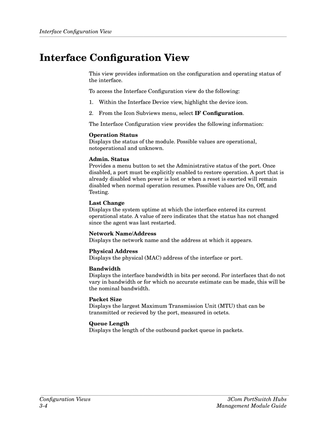 Cabletron Systems 3Com PortSwitch Hub manual Interface Conﬁguration View, Admin. Status, Network Name/Address 