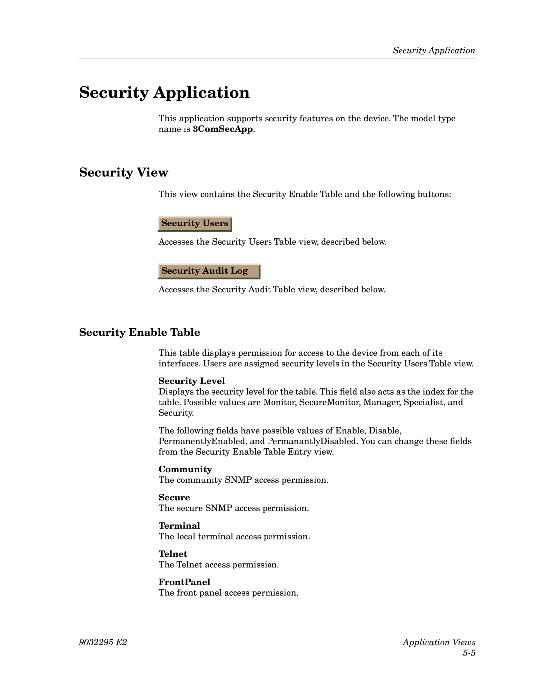 Cabletron Systems 3Com PortSwitch Hub manual Security Application, Security View, Security Enable Table 