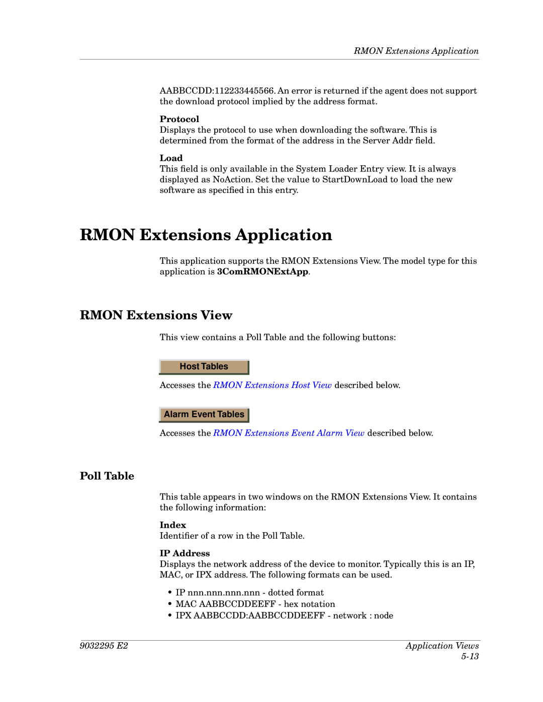 Cabletron Systems 3Com PortSwitch Hub Rmon Extensions Application, Rmon Extensions View, Poll Table, Load, IP Address 