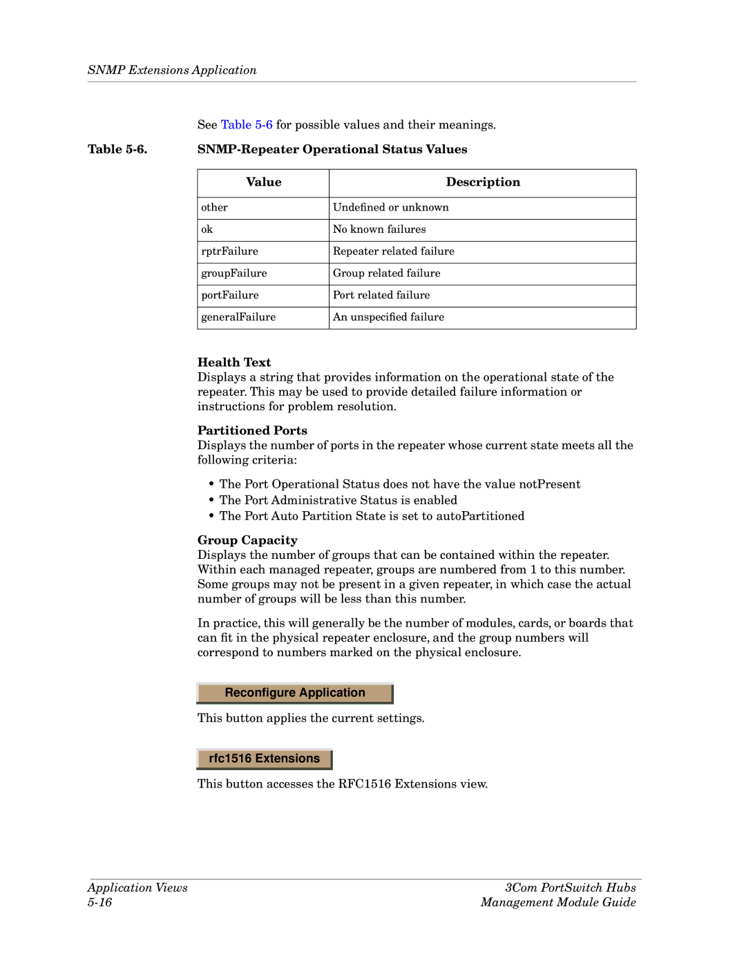 Cabletron Systems 3Com PortSwitch Hub SNMP-Repeater Operational Status Values Description, Health Text, Partitioned Ports 