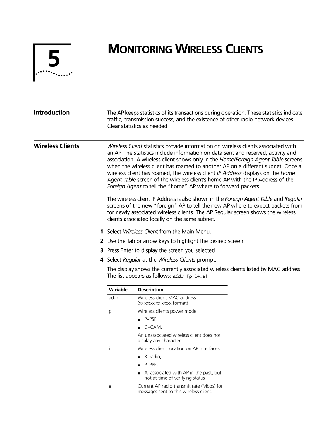Cabletron Systems 3Com manual Monitoring Wireless Clients, Select Regular at the Wireless Clients prompt, Introduction 