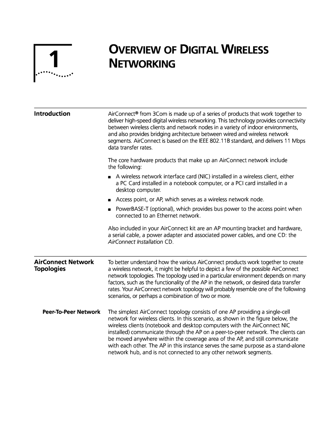 Cabletron Systems 3Com manual OVERVIEW OF DIGITAL WIRELESS 1 NETWORKING, Introduction, AirConnect Network, Topologies 