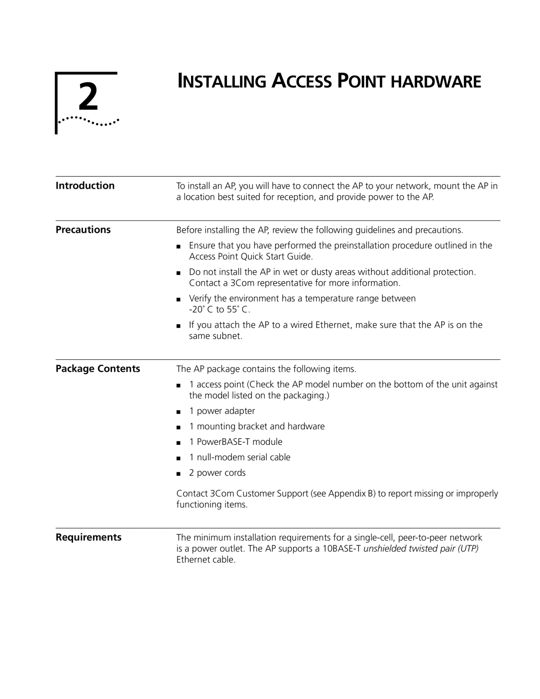 Cabletron Systems 3Com manual Installing Access Point Hardware, Precautions, Package Contents, Requirements 