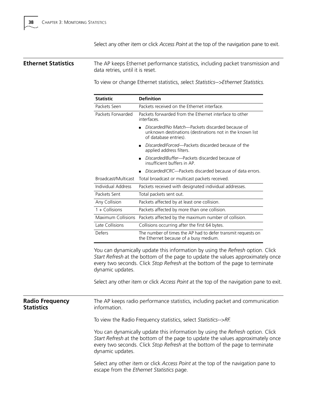 Cabletron Systems 3Com manual Ethernet Statistics, Radio Frequency 