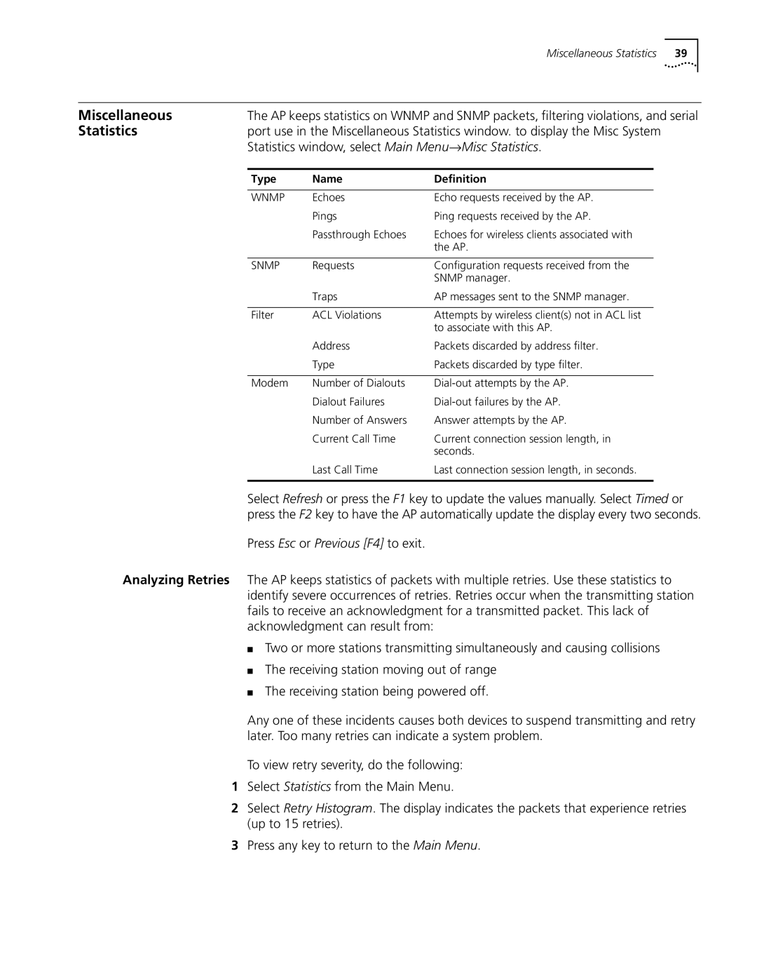 Cabletron Systems 3Com manual Miscellaneous, Statistics window, select Main Menu→Misc Statistics, Type Name Definition 