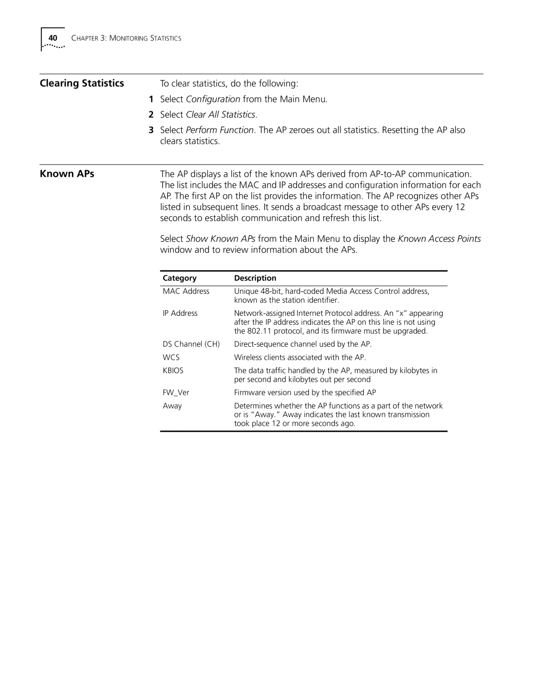 Cabletron Systems 3Com manual Clearing Statistics, Known APs, Select Clear All Statistics 